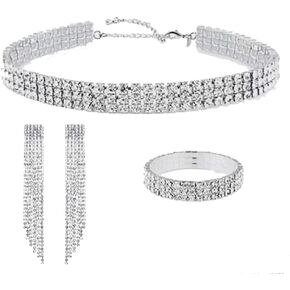 MEQNOIG 5 Row Rhinestone Choker Necklaces Silver Sparkling Diamond Choker Crystal Necklace (3 Row Set Silver)