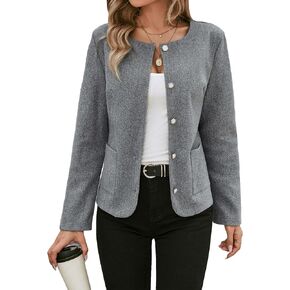 SweatyRocks Women's Long Sleeve Round Neck Button Down Jacket Outwear Open Front Solid Work Blazer Jackets
