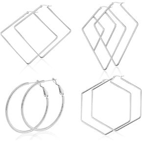 4 Pairs Stainless Steel Geometric Hexagon Round Square Thin Hoop Earrings for Women Jewelry Set