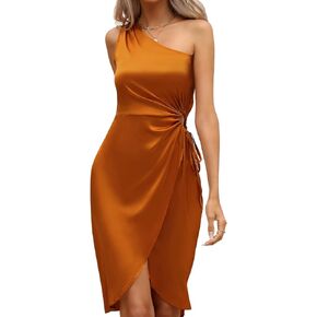 Women's 2023 One Shoulder Satin Dress Cutout Wrap Cocktail Party Wedding Guest Midi Dresses