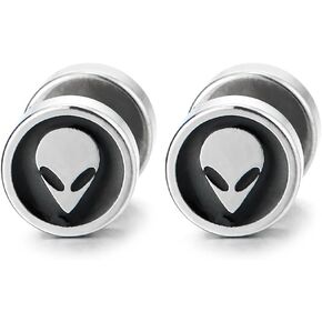 8MM Mens Women Steel Alien Skull Circle Stud Earring Black Enamel, Cheater Fake Ear Plugs Gauges