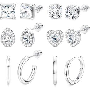 6 Pairs CZ Stud Earrings For Women Men Round Square Teardrop Heart Screw Back Stud Earrings Small CZ Hoop Earrings Cubic Zirconia Halo Stud Earrings Set