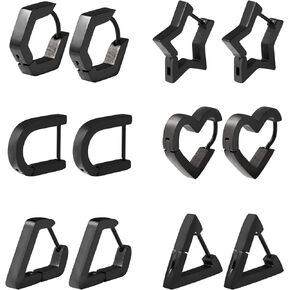 Hoop Huggie Earrings Set for Women Girls Men, Geometric Stainless Steel Triangle Diamond Hexagon Star Oval Heart Shape Clip On Hoops Dangle Aretes Para Mujer Earrings Jewelry Gold Silver Black