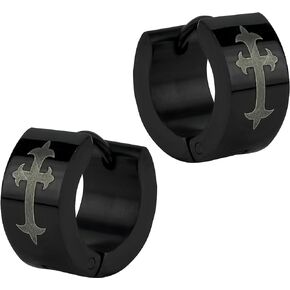 Stainless Steel Black Semi Matte Medieval Roman Cross Wide Huggie Hoop Earrings for Men