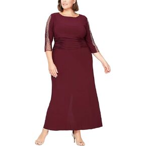 إس إل. Fashions المرأة حجم فستان طويل Ruched مع الأكمام الوهم مطرز، التين زائد، 18W