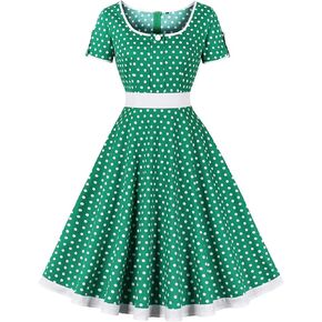 Wellwits Women's Wine Red Stripe Polka Dots Cocktail Formal 1950s Vintage Dress