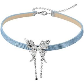 ZZ ZINFANDEL Blue Denim Choker Necklace Collar Pendant for Women,Wrist Band Enamel Butterfly Necklace Choker Chain Women's Accessories Trendy Bride Jewelry Gifts