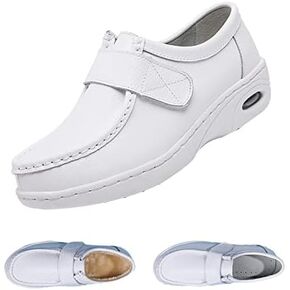 Women's White Air Cushion Slip-On Nurse Shoes,Casual Leather Comfy Adjustable Orthopedic Wedge Platform Loafers Sneaker