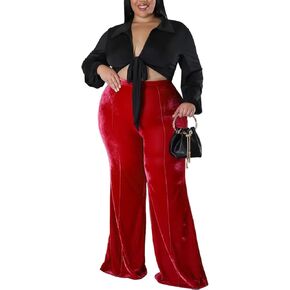 Aro Lora Womens Plus Size Velvet High Waist Bell Bottom Wide Leg Palazzo Flare Pant Trouser