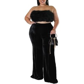 Aro Lora Womens Plus Size Velvet High Waist Bell Bottom Wide Leg Palazzo Flare Pant Trouser