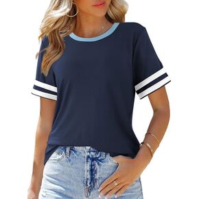 SHEWIN Women's Fashion Color Block T Shirts Casual Short Sleeve Crewneck Summer Tops Tees Slim Fit