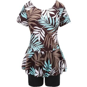 Knaspor Women's One Piece Swim Dress Modest Swimsuit Floral Leaf Print Short Sleeve Swimwear