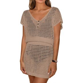 Women Swim Cover Up Dress Crochet V Neck Bathing Suit Dress Summer Trendy Short Sleeve Beach Swimsuit