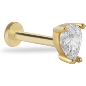Labret Cartilage Piercing Earring With Drop Zircon - 14K Solid Yellow Gold - For Helix Tragus Lobe Conch Flat & Other Body Piercing BY KORAL JEWELRY