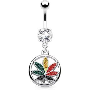 Pierced Owl - 14GA Multicolor CZ Crystal Paved Rasta Pot Leaf Dangling Belly Button Ring