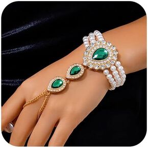 Finger Chain Pearl Hand Bracelet Vintage Finger Chains Bracelet Green Rhinestone Hand Chain Link Bracelet for Women and Girls