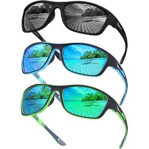 Tskestvy 3 Pairs Men’s Polarized Sport Wrap Around Sunglasses UV Protection Shades for Running Fishing Biking Cycling Driving