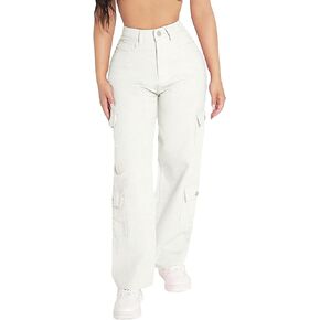 WDIRARA Women's Cargo Denim Pants High Waist Straight Leg Boyfriend Jeans with Pocket