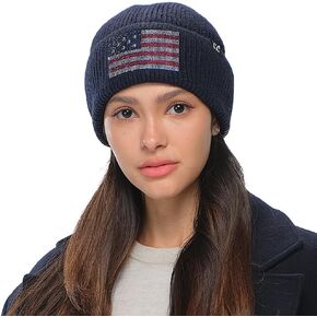C.C American Flag Rhinestone Beanie for Women Unisex - Sustainable Recycled Yarn Stretchable Soft Warm Knit Winter Skully Hat
