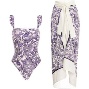 WKDTWCOS Women One Piece Swimsuit Print Chiffon Cover Up Beach Sarong Swimwear Beachwear Retro Wrap Maxi Skirt Bathing Suit