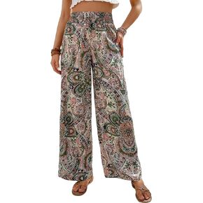 OYOANGLE Women's Boho Paisley Print High Elastic Waist Loose Wide Leg Pants Palazzo Trousers