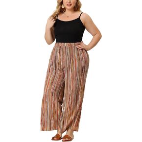 Agnes Orinda Plus Size Palazzo Pants for Women Stripe Boho Wide Leg Paper Bag Pants