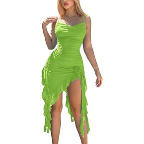 BEAUDRM Women's 3D Rosette Asymmetrical Ruffle Hem Ruched Mesh Cami Tassel Dress
