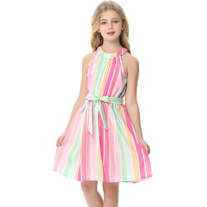 Geru Girl's Halter Neck Sleeveless Summer Casual Sundress A-line Solid Color Dress