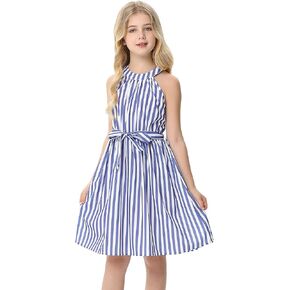 Geru Girl's Halter Neck Sleeveless Summer Casual Sundress A-line Solid Color Dress