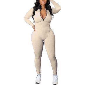 Fazoacou Women Sexy Zip Up Jumpsuits Long Sleeve Bodycon One Piece Romper Ribbed Outfits