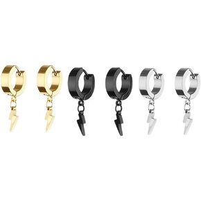 Lightning Thunder Huggie Hoop Dangle Stainless Steel Unisex Earring Silver Gold Black