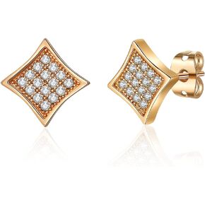 Fomissky Square Pave Cubic Zirconia Stud Earrings, White Gold/Gold Plated Minimalist Earrings Dainty Earrings for Women Men