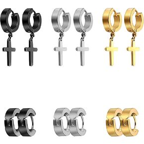 6 Pairs of Punk Cross Earrings Dangle Hinged Earrings Stainless Steel Cross Hoop Earrings and Stud Earrings for Men and Women Wearing