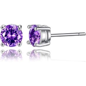 Hypoallergenic Purple Earrings Stud Sterling Silver 6mm Purple Cubic Zirconia CZ Stud Earrings Small Round Simulated Diamond Studs Set for Womens Mens