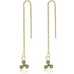 925 Sterling Silver, 24K Yellow or 18K Rose Gold Plated Thread Through THIN Drop Chain or Studs Earrings and SMALL Celtic Triskele or Celtic Spiral Triskelion - Diameter: 6 or 16 mm