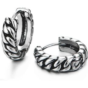 COOLSTEELANDBEYOND Pair Stainless Steel Curb Chain Wreath Circle Huggie Hinged Hoop Earrings Unisex Men Women