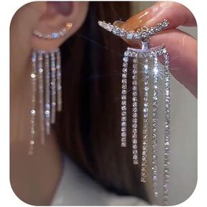 Rhinestone Tassel Earrings for Women Gold Silver Sparkly Long Tassel Earrings Wedding Party Prom Earrings Bling Crystal Dangle Drop Earrings Cubic Zirconia Crystal Statement Chandelier Earrings Wedding Birthday Party Jewelry Gifts