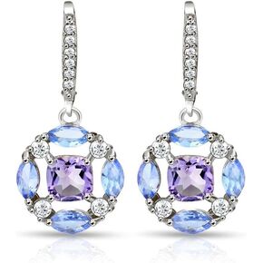 Sterling Silver Amethyst, Tanzanite and White Topaz Circle Dangle Leverback Earrings