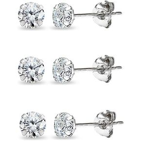 3 Pair Set 14K Gold Cubic Zirconia Tiny 3mm Round Unisex Stud Earrings for Men, Women, Boys & Girls