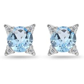 Sterling Silver Genuine or Synthetic Gemstone & White Topaz Studded Solitaire Stud Earrings