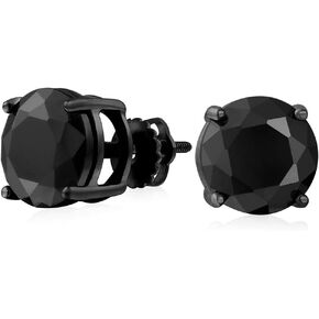 Black Round Solitaire Cubic Zirconia Stud Earrings For Men Women CZ Screw back Black Plated Sterling Silver 5 6 7 8 9 MM