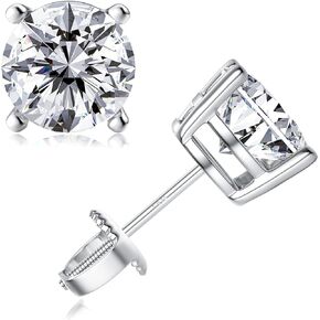 Moissanite Stud Earrings, Screw Back 18K White Gold Plated 925 Sterling Silver Earring Moissanite Diamond Earrings Studs for Women Men 0.6ct-3.0ct