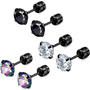 GIVUFUN Men Women Cubic Zirconia Ear Studs Fashion Stainless Steel Earrings 3 Pairs
