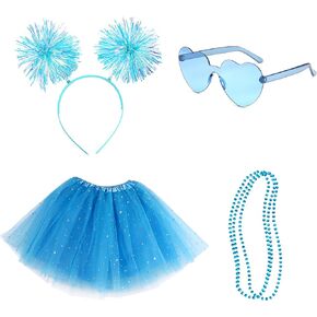 Tutu for Women Kids Costume Accessories Set Pom Pom Headband Layered Tulle Tutu Skirt Heart Shape Sunglasses Bead Necklaces