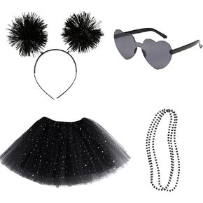 Tutu for Women Kids Costume Accessories Set Pom Pom Headband Layered Tulle Tutu Skirt Heart Shape Sunglasses Bead Necklaces