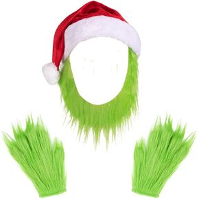 Green Monster Costume Green Beard Santa Hat with Green Furry Gloves for Halloween Christmas Xmas Cosplay Outfit