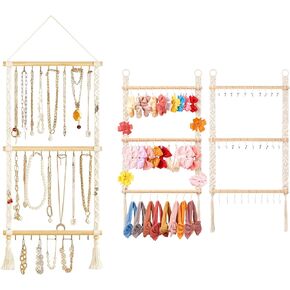 Dahey Hanging Jewelry Organizer Macrame Necklace Holder with 30 Hooks and Headband Holder with 30 Hooks Boho Decor for Baby Girls Room