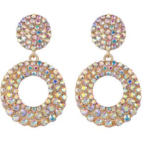 Flyonce Rhinestone Geometric Round Drop Dangle Earrings, Sparkly Crystal Statement Round Hoop Chandelier Earrings for Women Girls