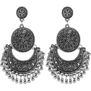 Vintage Chandelier Earrings Beaded Tassel Earring for Women Girls Bohemian Ethnic Retro Style Gold Silver Chandelier Tassel Dangle Drop Earrings Boho Statement Cut-out Dangling Chandelier Earrings Charm Hollow Crescent Carved Round Bead Tassel Earrings Pe