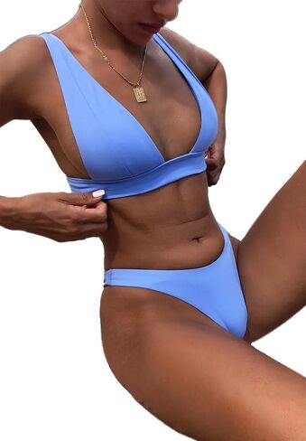 HAILTH Bikini Sets for Women Two Piece Swimsuit V Neck Push Up Triangle Top with High Waisted Sexy Bikinis Swimwear for Women Beach Swimming Blue in Saudi Arabia
